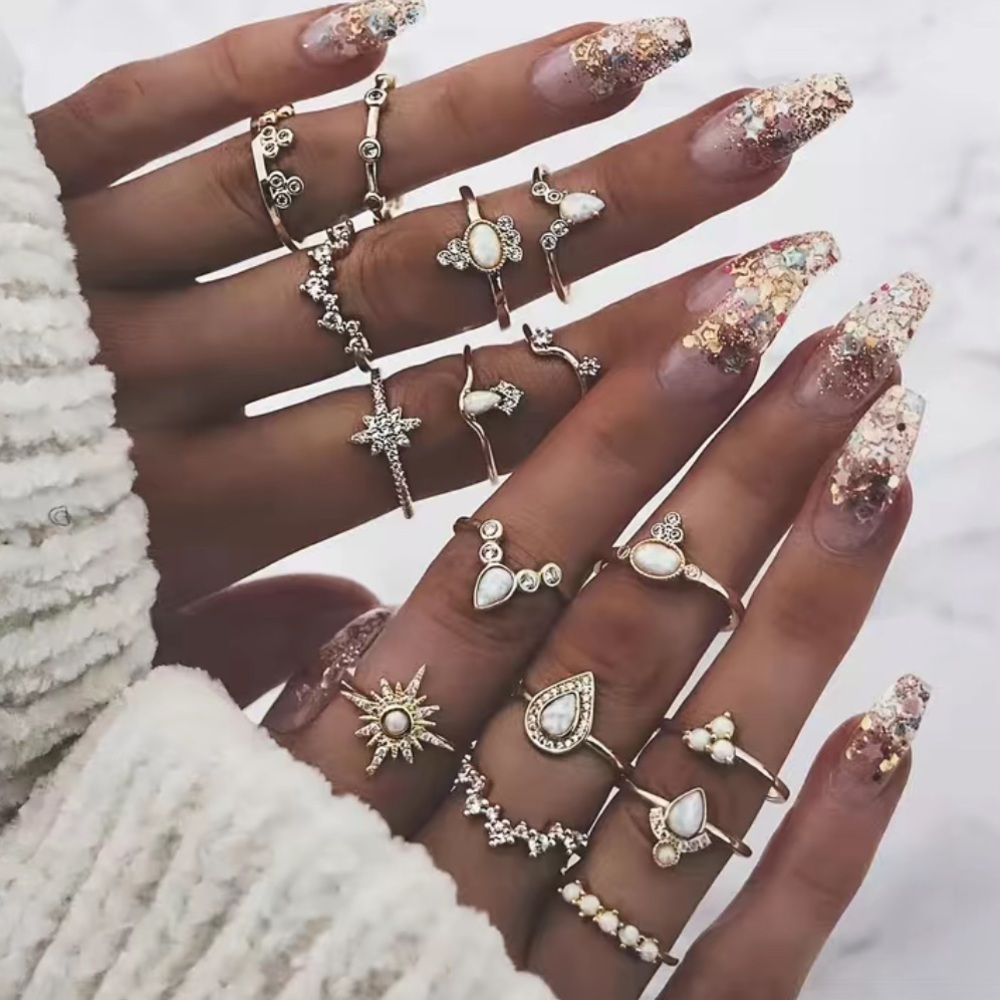 Boho Crown Gemstone Water Drop Ring Set 16pc